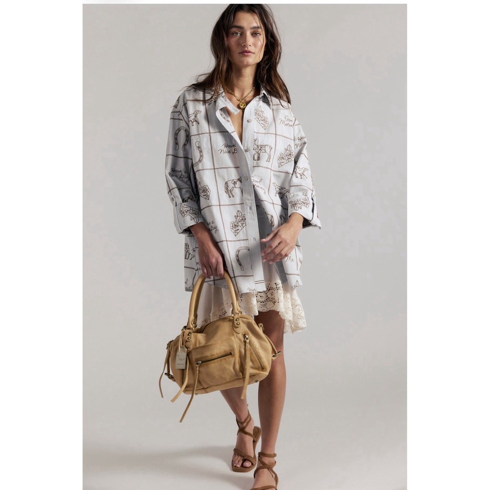 We The Free People Have A Nice Day Top Women's Size M Dusty Blue Combo Western